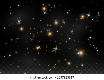 Navidad Resumen de elegante efecto de luz sobre un fondo negro transparente. El polvo amarillo chispa y las estrellas doradas brillan con especial luz. El vector esparce partículas mágicas de polvo.