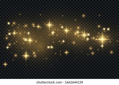 Christmas Abstract stylish light effect on a black transparent background. Yellow dust yellow sparks and golden stars shine with special light. Vector sparkles Sparkling magical dust particles.