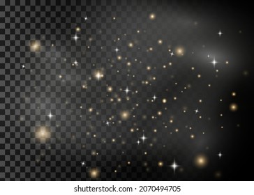 Resumen de Navidad efecto de luz elegante sobre un fondo negro transparente. El polvo amarillo chispas amarillas y las estrellas doradas brillan con luz especial. El vector chispa partículas mágicas de polvo esparcen.
