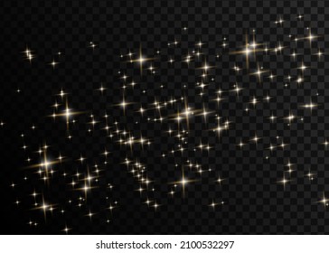 Weihnachten Abstrakter stylischer Lichteffekt auf schwarz-transparentem Hintergrund. Gelbe staubgelbe Funken und goldene Sterne leuchten mit besonderem Licht. Vektor funkelt funkelnde magische Staubpartikel.