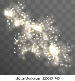 Christmas abstract stylish light effect on transparent background. Yellow dust, yellow sparks and golden stars shine with a special light. Vector sparkles Glittering magical dust particles.