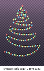Christmas abstract tree of garlands with glittering lamps lights vector illustration isolated on transparent background, decorative New Year element
