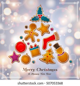 Christmas abstract tree made from gingerbread cookies. Background with bokeh lights. Vector.