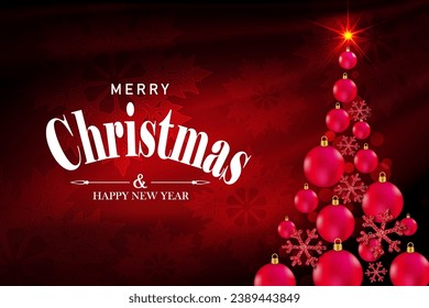 Christmas abstract tree with toys on a red texture background.