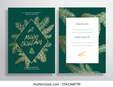 Christmas Abstract Vector Frame Greeting Card, Poster or Background. Back and Front Invitation Design Layout with Classy Typography. Golden Sketch Pine Branches, Strobiles, Holly, Mistletoe. Isolated