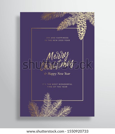 Christmas Abstract Vector Frame Greeting Card, Poster or Holiday Invitation. Gold Gradient Background Sketches and Typography. Soft Shadows and Fir-needle Twigs with Strobile Drawing. Isolated.