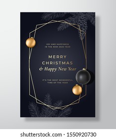 Christmas Abstract Vector Greeting Card, Poster or Holiday Background. Classy Black and Gold Colors. Soft Shadows Realistic Toy Balls and Sketch Fir-needle Pine Twigs with Strobile. Isolated.