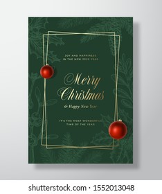 Christmas Abstract Vector Greeting Card or Holiday Poster. Classy Green and Gold Colors and Typography. Realistic Toy Balls and Sketch Pine Twigs, Strobile, Holly and Mistletoe Background. Isolated.