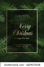Christmas Abstract Vector Greeting Card or Poster. Fir-needle Spruce or Pine Branches Illustrations Background with Golden Glitter Typography. Winter Holidays Invitation Template or Decoration Pattern