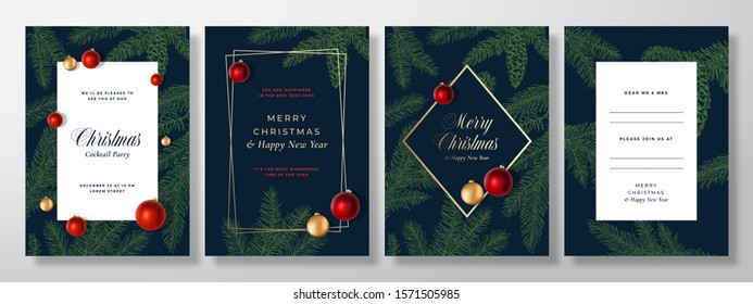 Christmas Abstract Vector Greeting Cards, Posters or Holiday Backgrounds Bundle. Gold and Blue Colors and Typography Set. Soft Shadows Realistic Toy Balls and Sketch Fir-needles with Strobile Isolated