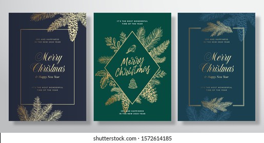 Christmas Abstract Vector Greeting Cards, Posters or Holiday Backgrounds Bundle. Classy Colors and Gold Gradients Set. Soft Shadows and Sketch Fir-needles Pine Twigs with Strobile. Isolated.