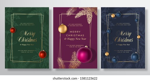 Christmas Abstract Vector Greeting Cards, Posters or Holiday Backgrounds Bundle. Classy Gold Gradients Typography Set. Soft Shadows Realistic Toy Balls and Sketch Fir-needles with Strobile. Isolated.