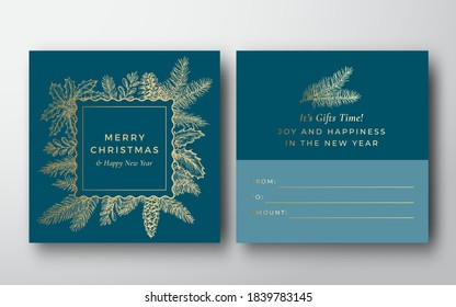 Weihnachten Abstrakter Vektor Grußkartenhintergrund. Zurück- und Vorderdesign-Layout mit Sketch Pine Twigs Frame Label und moderner Typografie. Winterurlaub-Design mit weichen Schatten. Einzeln.