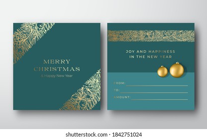 Christmas Abstract Vector Greeting Gift Card Background. Back and Front Design Layout with Classy Typography. Soft Shadows with Realistic Ball and Sketch Pine Branches Stripes. Isolated.