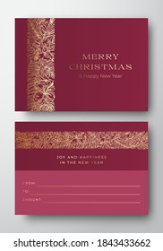 Christmas Abstract Vector Greeting Gift Card Background. Back and Front Design Layout with Classy Typography. Soft Shadows with Hand Drawn Pine Branches Stripes. Isolated.