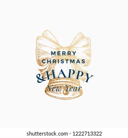 Christmas Abstract Vector Retro Label, Sign or Card Template. Hand Drawn Golden Bell with Ribbon Sketch Illustration with Vintage Typography. Isolated.