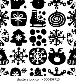 Christmas abstract vector seamless pattern. Winter monochrome texture. Festive snowflakes background. Doodle illustration.