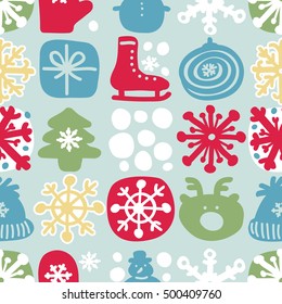 Christmas abstract vector seamless pattern. Winter color texture. Festive snowflakes background. Doodle illustration.
