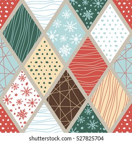 Christmas abstract vector seamless pattern. Rhombuses grunge illustration. Winter color texture. Festive snowflakes background. Doodle illustration.