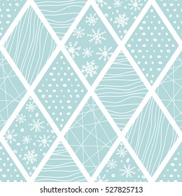 Christmas abstract vector seamless pattern. Rhombuses grunge illustration. Winter color texture. Festive snowflakes background. Doodle illustration.
