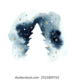 Christmas abstract watercolor illustration with vector silhouette of a white spruce, stars and splash in blue and golden colors. Holiday design of a t-shirt, poster, bag, Christmas card