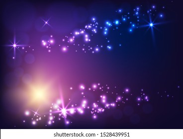 Christmas abstract web banner template with stars, lights, flares and copy space for text on dark blue to purple gradient background. Vector illustration.