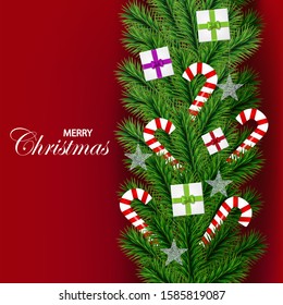 
Christmas abstraction Postcard, poster. Vector background of Christmas tree branches and New Year decorations.