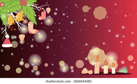 Christmas accessories and candles on a red background