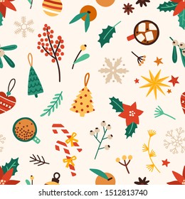 Christmas Accessories Flat Vector Seamless Pattern. Winter Season Holiday Symbols Texture. Traditional Xmas Attributes Decorative Backdrop. Christmas Tree Toys, Flora And Food Illustration.