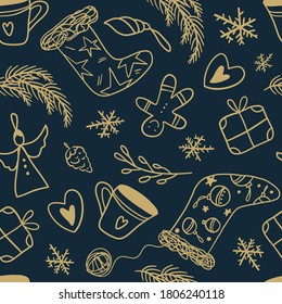 Weihnachtszubehör flach Vektor nahtlos Muster. Die Symbole der Wintersaison bilden die Textur. Traditionelle xmas Attribute dekorativer Hintergrund. 
