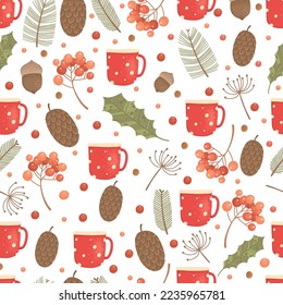 Christmas accessories flat vector seamless pattern. Winter season holiday symbols texture. Traditional xmas attributes decorative backdrop. Christmas tree toys, flora and drink illustration.