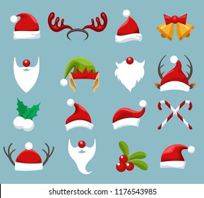 Christmas accessories. Santa and elf face wearing, reindeer and snowman clothes for winter funny photos, vector illustration