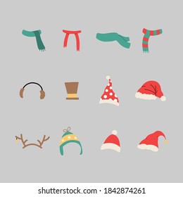 Christmas accessories set: hats and scarfs. Cartoon vector illustration