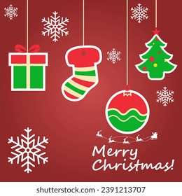 Christmas accessories, socks, pine trees, gifts and snow in red background.