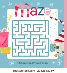 Christmas activities for kids book. Help Gnome get trough labyrinth. Find correct way. Maze games for kids. Vector illustration. Square page for Activity Book.