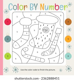 Christmas activities for kids. Color by numbers – Stocking, Candy Cane. Logic games for children. Coloring page. Vector illustration. Square page for Activity Book.