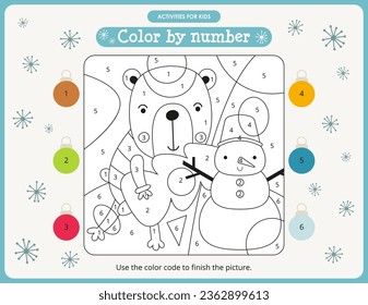 Christmas activities for kids. Color by numbers – Bear with Tree and Snowman. Logic games for children. Coloring page. Vector illustration.