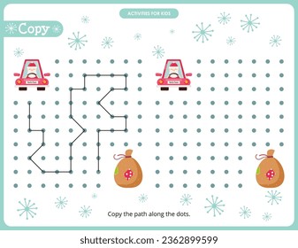 Christmas activities for kids. Copy the path for Santa. Logic games for children. Vector illustration.