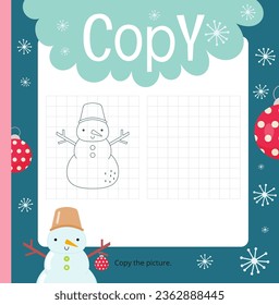 Christmas activities for kids. Copy the picture – Cute Snowman. Logic games for children. Coloring page. Vector illustration. Square page for Activity Book.