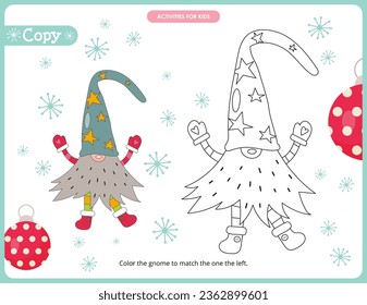 Christmas activities for kids. Copy the picture – color Gnome to math the one the left. Logic games for children. Coloring page. Vector illustration.