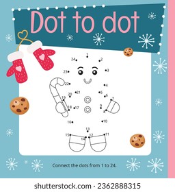 Christmas activities for kids. Dot to dot game – Christmas Gingerbread. Numbers games for kids. Coloring page. Vector illustration. Square page for Activity Book.