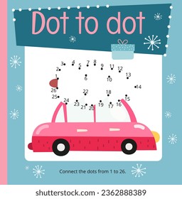 Christmas activities for kids. Dot to dot game – Santa Car with Christmas Tree. Numbers games for kids. Coloring page. Vector illustration. Square page for Activity Book.