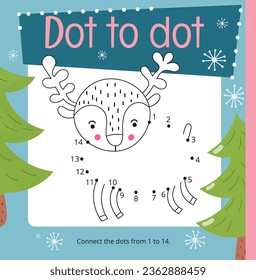 Christmas activities for kids. Dot to dot game – Christmas Reindeer. Numbers games for kids. Coloring page. Vector illustration. Square page for Activity Book.