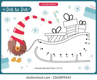 Christmas activities for kids. Dot to dot game – Christmas Sleigh with Presents. Numbers games for kids. Coloring page. Vector illustration.