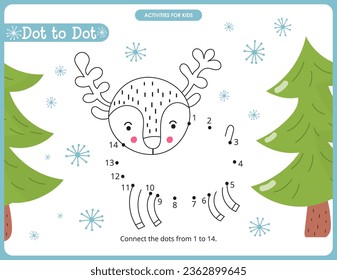 Christmas activities for kids. Dot to dot game – Christmas Reindeer. Numbers games for kids. Coloring page. Vector illustration.