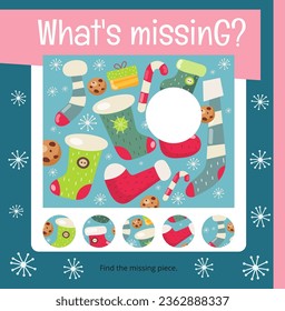 Christmas activities for kids. Find the correct  missing piece for Christmas picture. Vector illustration. Matching game. Square page for Activity Book.