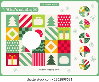 Christmas activities for kids. Find the correct  missing piece for Christmas background. Vector illustration. Matching game.