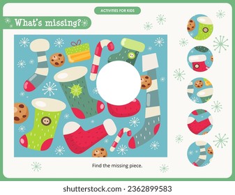 Christmas activities for kids. Find the correct  missing piece for Christmas picture. Vector illustration. Matching game.