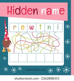 Christmas activities for kids. Find the hidden name - Winter. Xmas Logic games for children. Vector illustration. Square page for Activity Book.