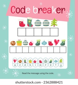 Actividades navideñas para los niños. Encuentra el mensaje de Navidad oculto en Code Breaker - Feliz Navidad. Juegos Xmas Logic para niños. Ilustración vectorial. Página cuadrada para el libro de actividades.